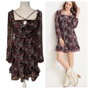 Maurices | Smocked Floral Keyhole Mini Dress Strappy Long Sleeve Lined Size XS